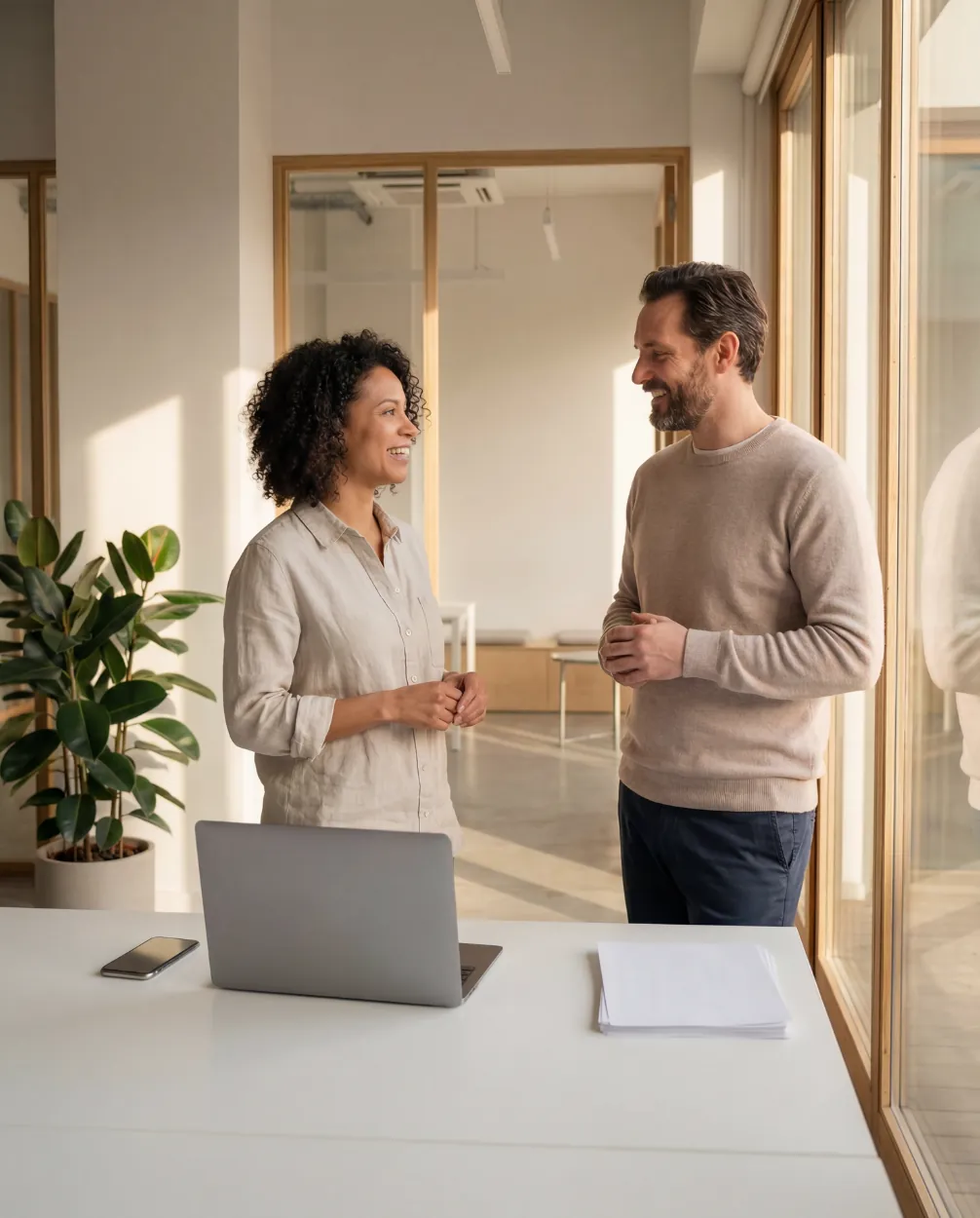 En kvinna och en man samtalar vid ett fönster i ett ljust kontor